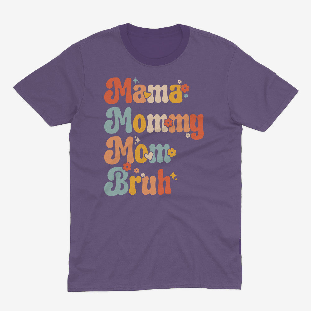 Tryphena "Mama Mommy Mom Bruh" Heather Purple T-Shirt. A humorous and relatable tee for moms. From "Mama" to "Bruh," this black shirt is a reminder you're doing great!