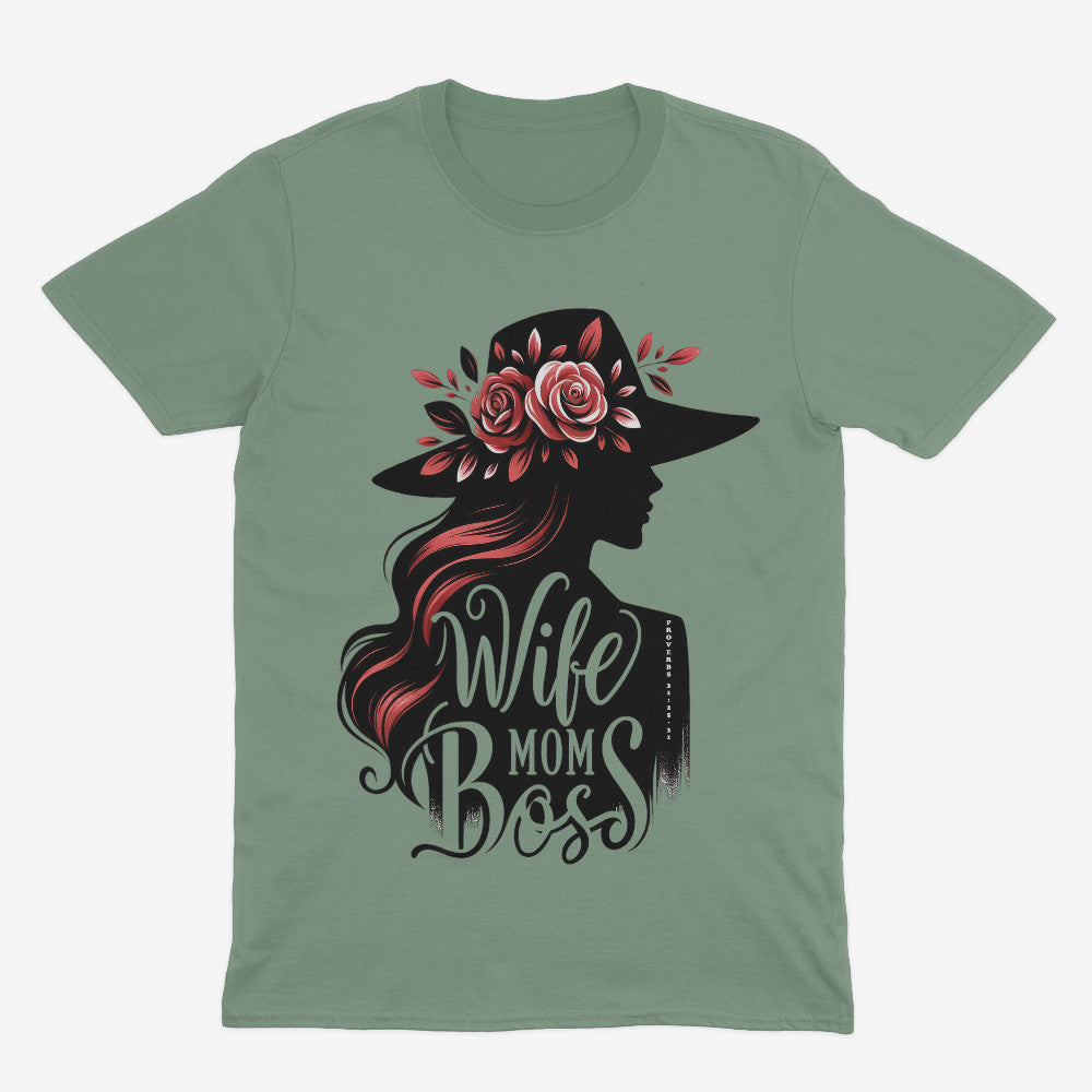 Tryphena "Wife Mom Boss" Sage T-Shirt. A stylish reminder of your power in faith. You're a Wife, Mom, Boss, and so much more (Proverbs 31:25-31). This sage tee celebrates your journey.
