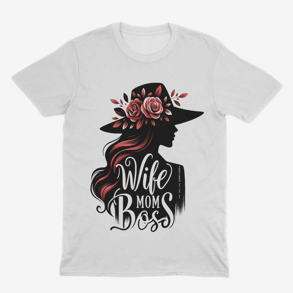 Tryphena "Wife Mom Boss" White T-Shirt. A stylish reminder of your power in faith. You're a Wife, Mom, Boss, and so much more (Proverbs 31:25-31). This white tee celebrates your journey.