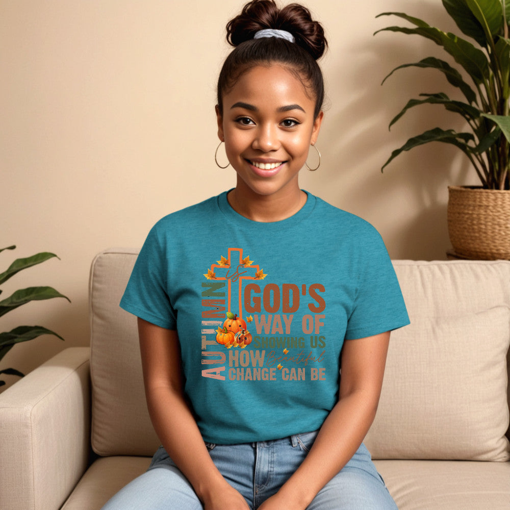 Heather teal blue "Autumn is God's Way" Christian t-shirt