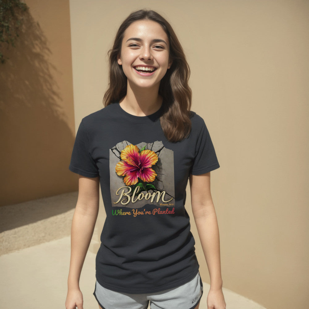 Black "Bloom Where You're Planted" Christian t-shirt