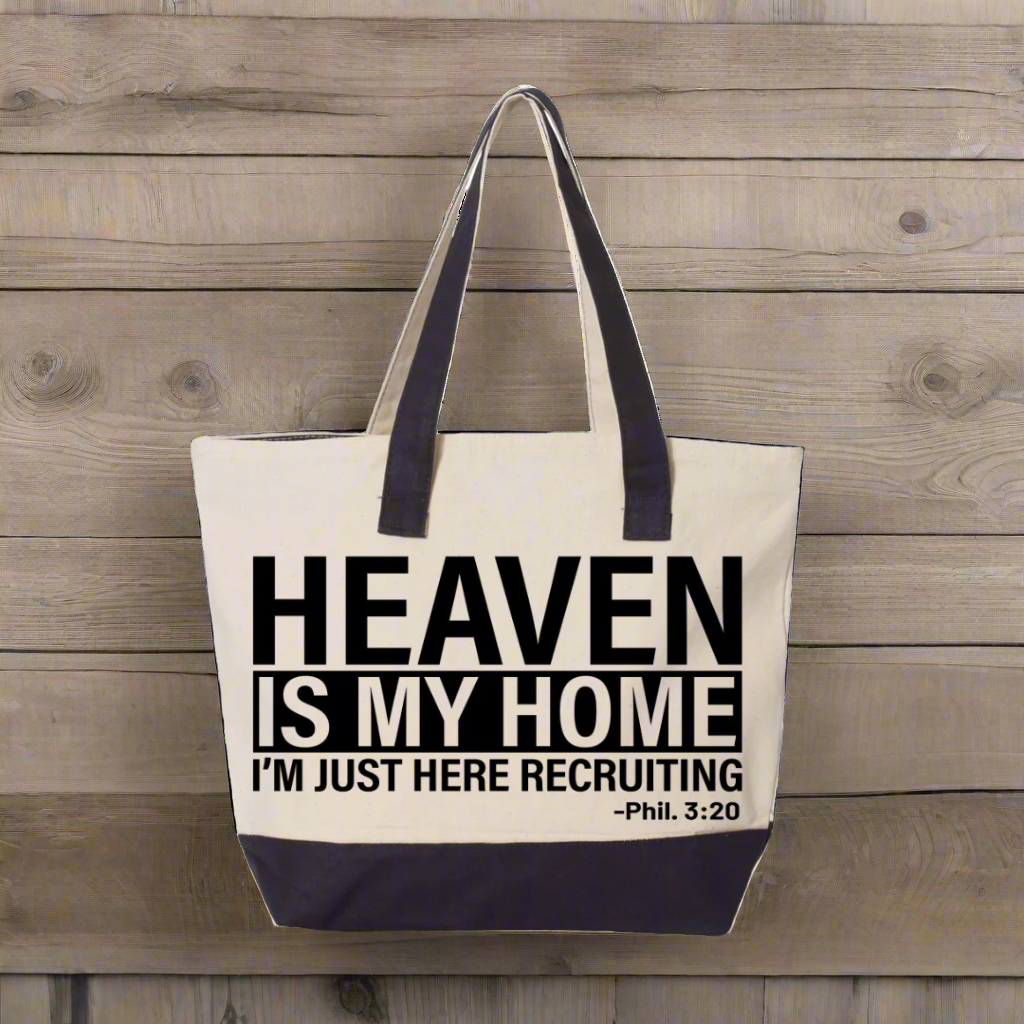 "Heaven is My Home scripture canvas tote bag in Black Natural with zipper compartments and Philippians 3:20 quote"