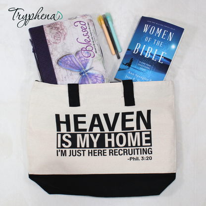 "Heaven is My Home scripture canvas tote bag in Black Natural with zipper compartments and Philippians 3:20 quote"