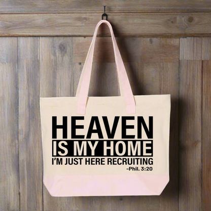 "Heaven is My Home scripture canvas tote bag in Pink Natural with zipper compartments and Philippians 3:20 quote"