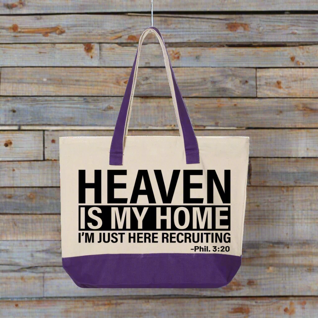 "Heaven is My Home scripture canvas tote bag in Purple Natural with zipper compartments and Philippians 3:20 quote"