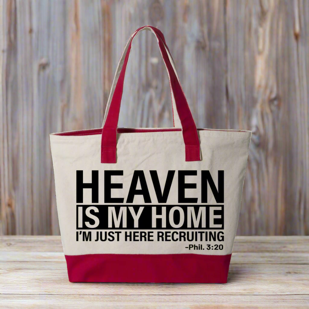 "Heaven is My Home scripture canvas tote bag in Red Natural with zipper compartments and Philippians 3:20 quote"