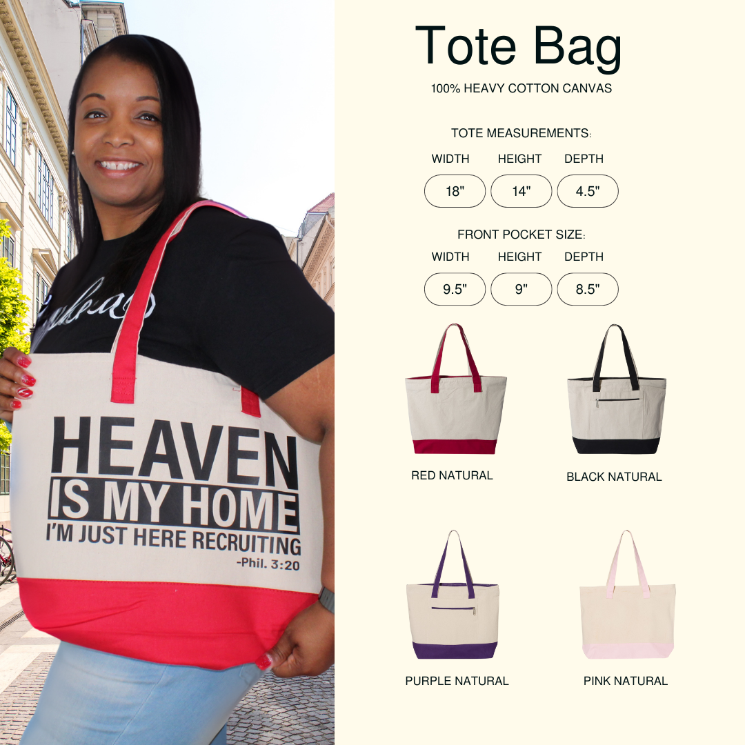 "Heaven is My Home scripture canvas tote bag in Red Natural with zipper compartments and Philippians 3:20 quote" Size Chart
