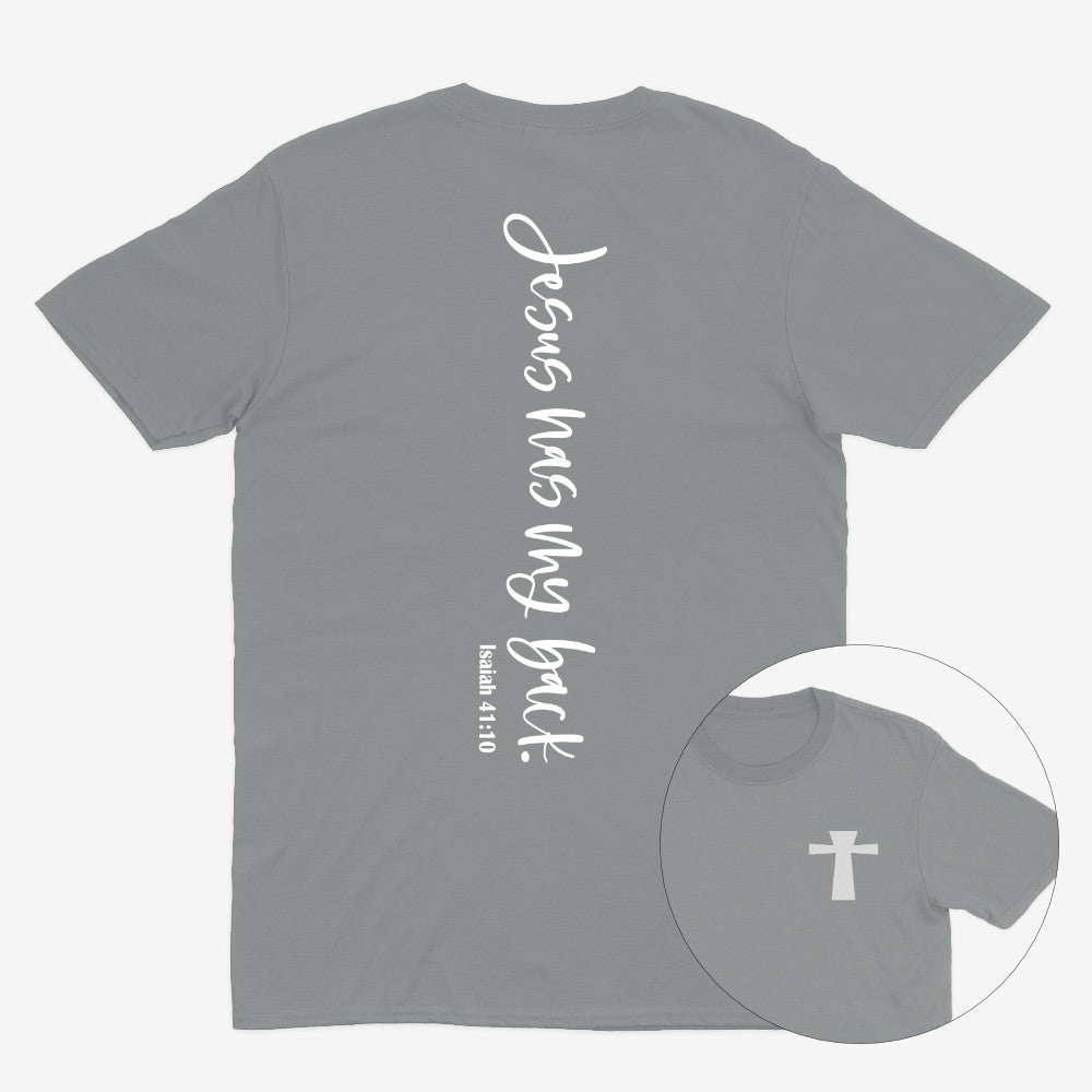 Tryphena "Jesus Has My Back" Heather Grey T-Shirt: A message of hope and confidence. Wear this comfortable white tee as a reminder you're never alone (Isaiah 41:10).