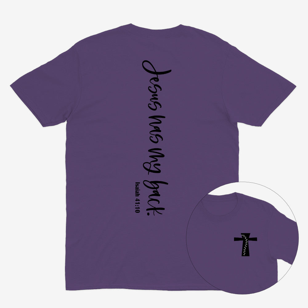 Tryphena "Jesus Has My Back" Purple T-Shirt: A message of hope and confidence. Wear this comfortable white tee as a reminder you're never alone (Isaiah 41:10).