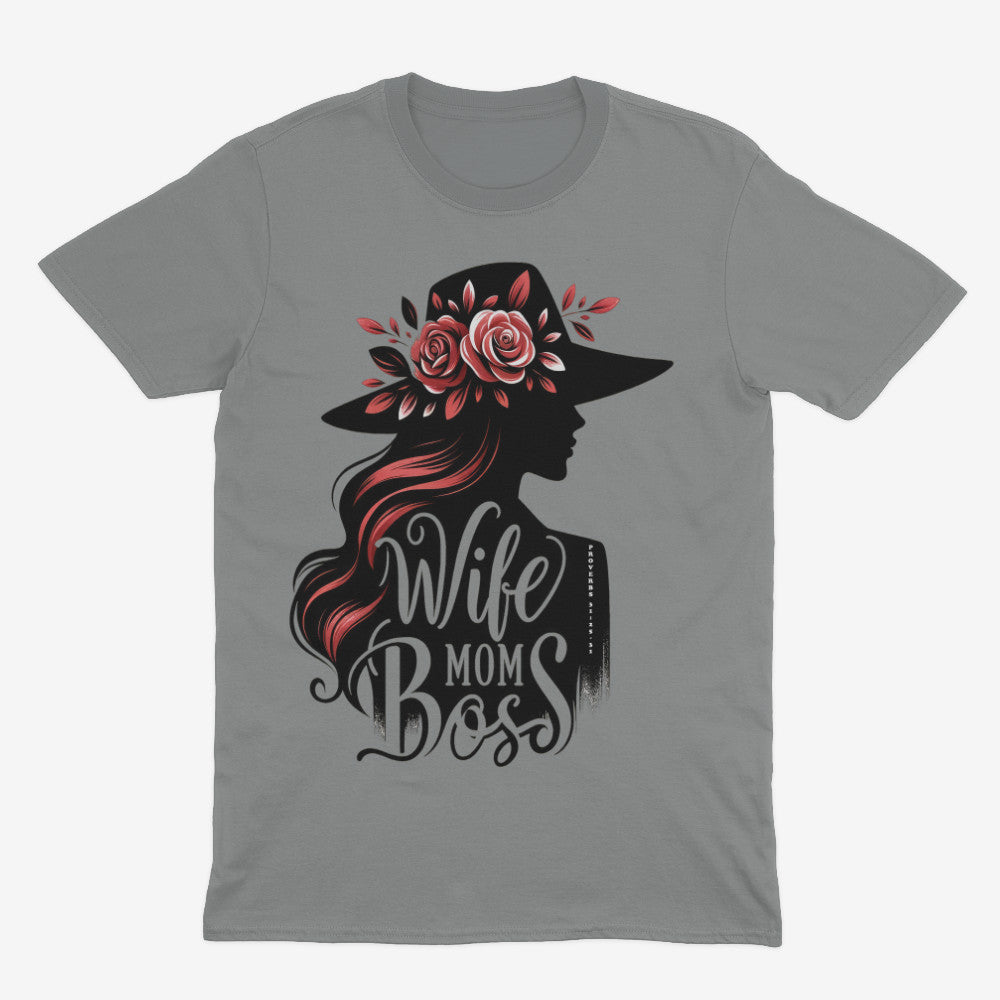 Tryphena "Wife Mom Boss" Heather Grey T-Shirt. A stylish reminder of your power in faith. You're a Wife, Mom, Boss, and so much more (Proverbs 31:25-31). This sage tee celebrates your journey.