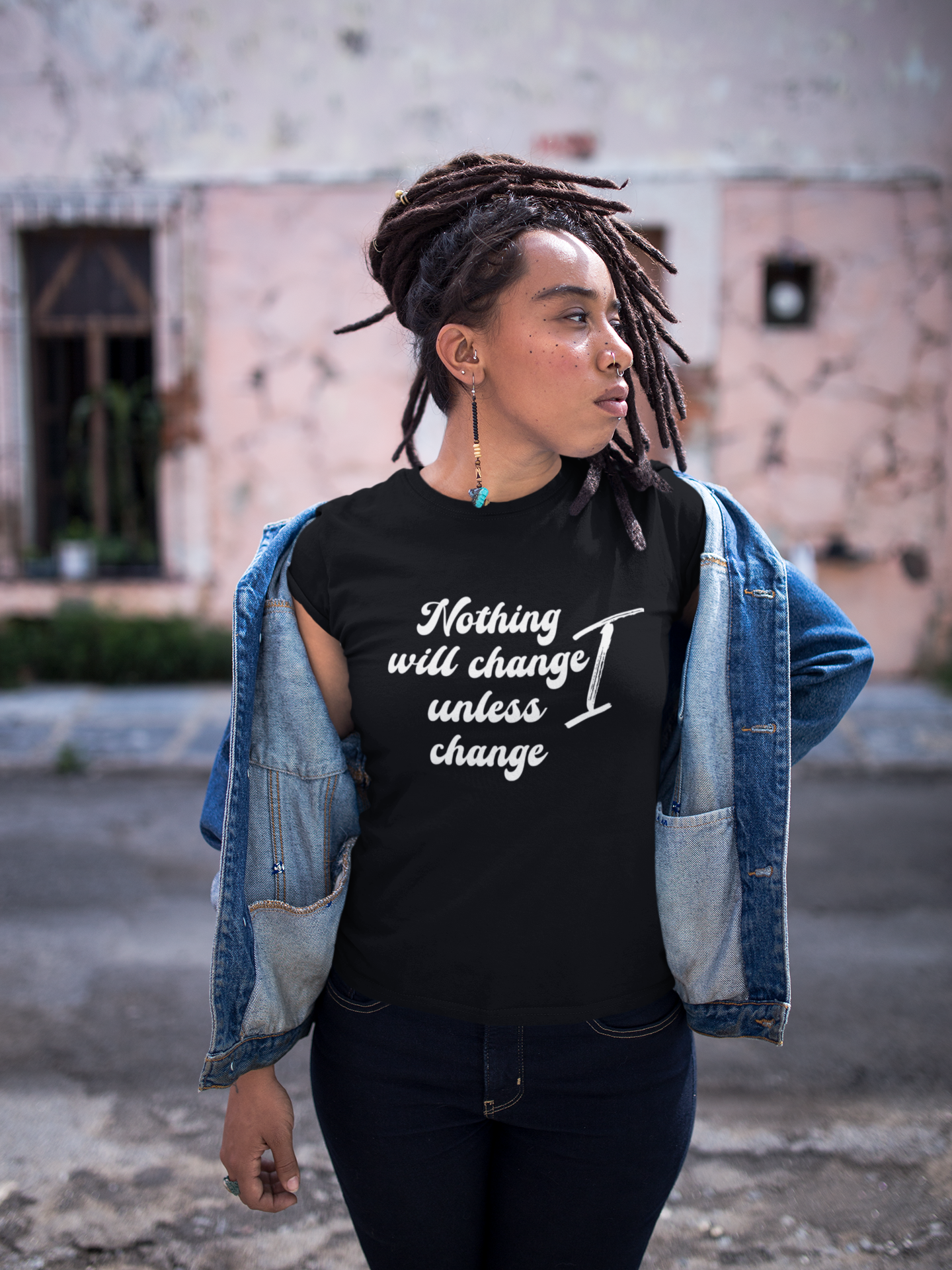 Tryphena "Change" Black T-Shirt with bold white text. Embrace change with Philippians 4:13 (Isaiah 41:10). Uplifting message for personal growth.