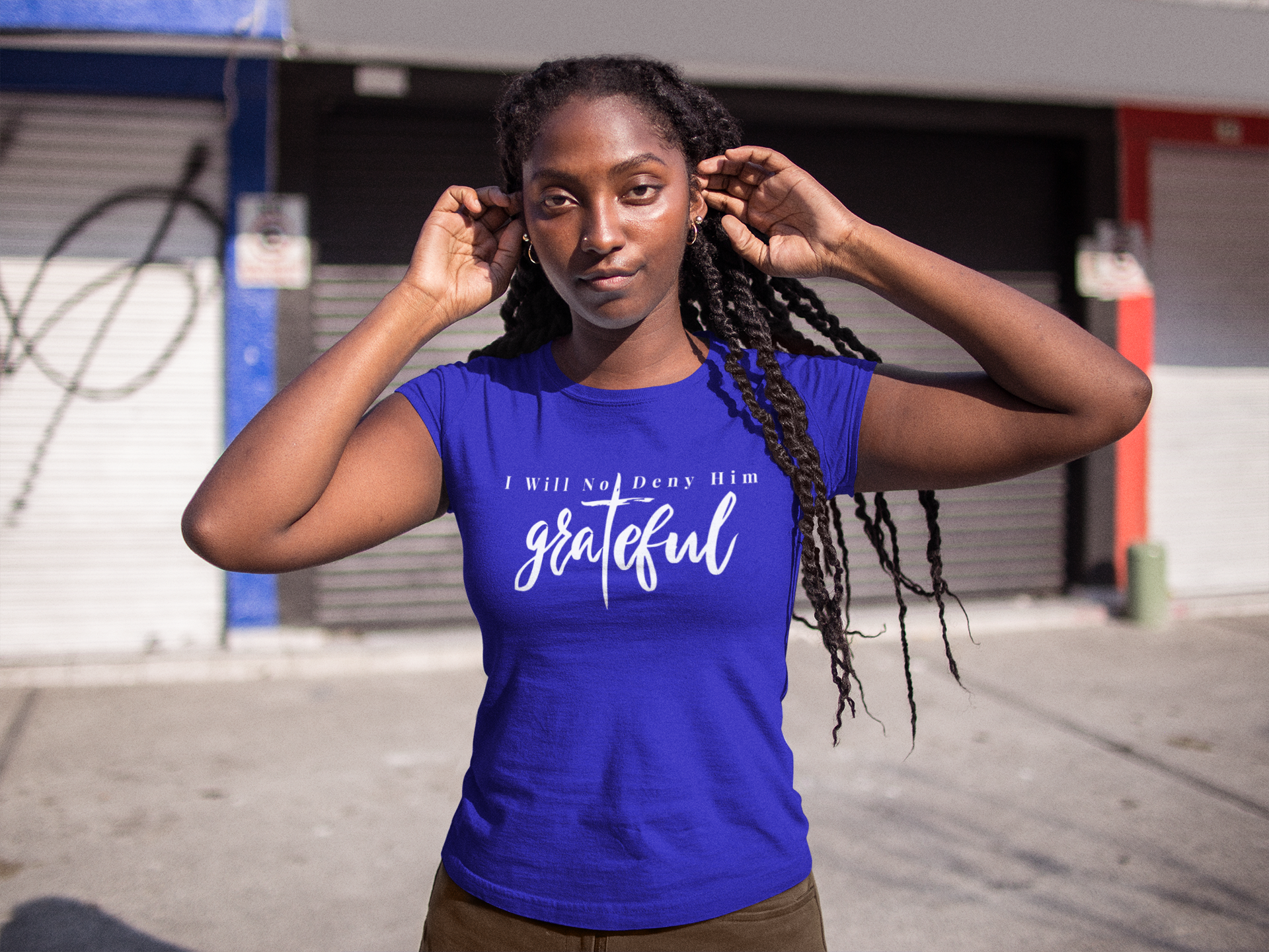 Tryphena "Grateful" Blue T-Shirt with crisp white text. Find joy in gratefulness (Matthew 10:33). This comfy tee inspires a positive outlook.