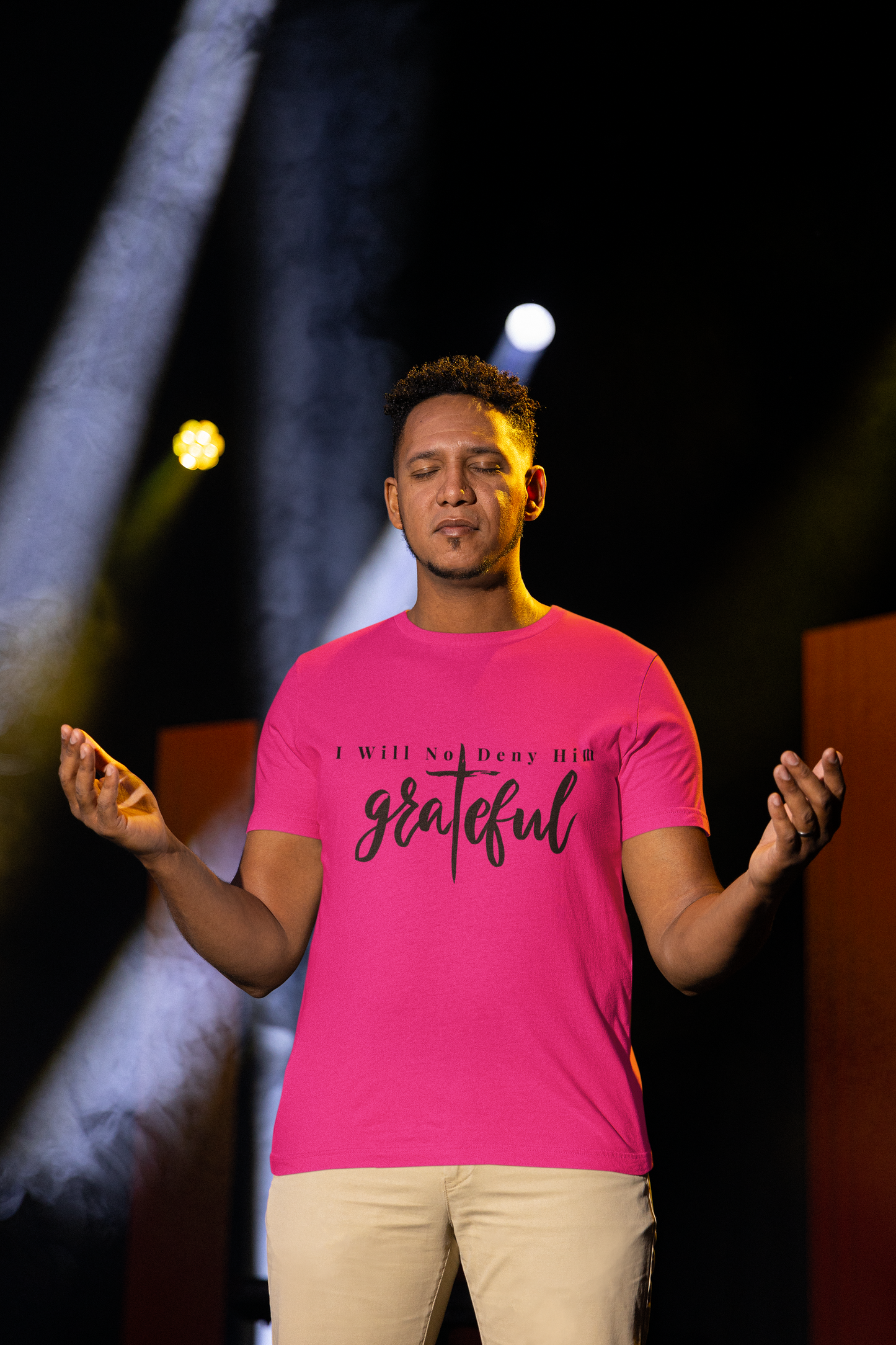 Tryphena "Grateful" Pink T-Shirt with a bold black text design. Embrace an attitude of gratitude (Matthew 10:33). A stylish pink tee with a powerful message.