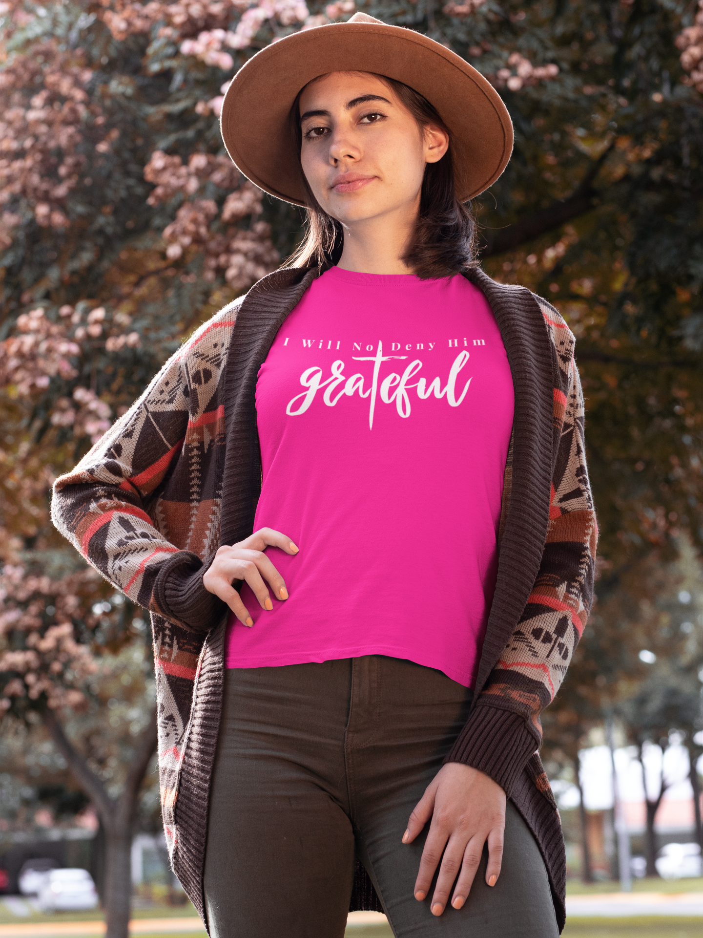 Tryphena "Grateful" Pink T-Shirt with a sweet white text design. Cultivate a grateful heart (Matthew 10:33). A faith-filled reminder in a charming pink.