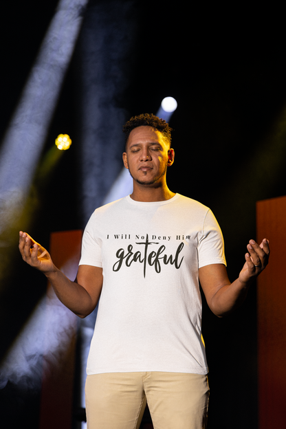 Tryphena "Grateful" White T-Shirt with contrasting black text. Express your thankfulness with confidence (Matthew 10:33). A timeless reminder of faith.