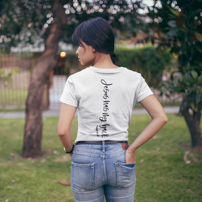 Tryphena "Jesus Has My Back" White T-Shirt: A message of hope and confidence. Wear this comfortable white tee as a reminder you're never alone (Isaiah 41:10).